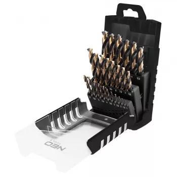 NEO TOOLS 25 gab. HSS-CNC metāla urbju komplekts, 124° virsotnes leņķis, Pro-Tec, 1.0–13.0 mm