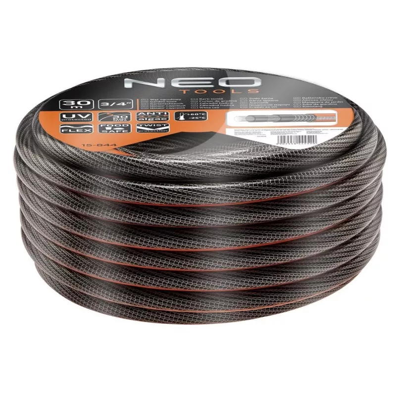 NEO TOOLS 3/4 collu x 30m 6-slāņu pastiprināta PVC dārza šļūtene, 25 bāru pārrāvuma spiediens, UV un aļģu izturīga, zaļa