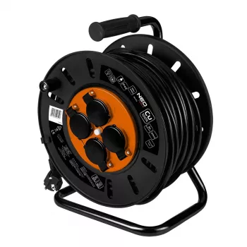 NEO TOOLS 30m smagās slodzes kabeļa spole 3G2.5 H07RN-F ar 4 Schuko kontaktligzdām IP44