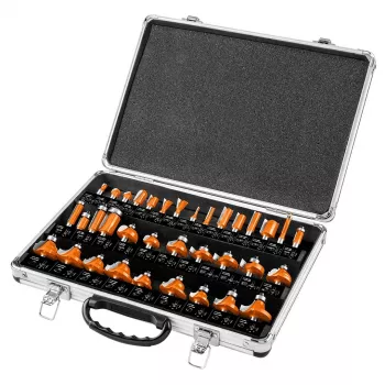 NEO TOOLS 35 daļu volframa karbīda frēžu komplekts ar 8 mm kātu koka kastē