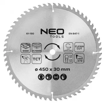NEO TOOLS 450 mm TCT ripzāģa asmens, 60 zobi, 30 mm urbums, kokam