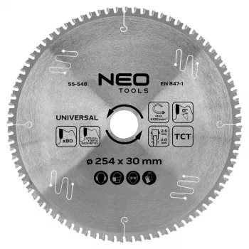 NEO TOOLS 55-548 Ripzāģa asmens ar volframa karbīda galiem, 254 mm x 30 mm, 80 zobi, Universāls