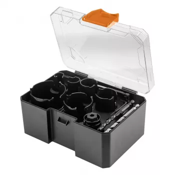 NEO TOOLS 57-923 Carbīda zobrata urbjzāģu komplekts, 11 gab. (20–64 mm), ar 2 urbjpatronām un futrāli