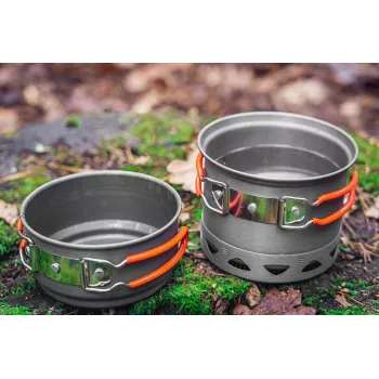 NEO TOOLS 63-144 7-Piece Anodized Aluminum Camping Cookware Set with Detachable Handle, 2 Pots, Frying Pan, Lid, Cleaning Sponge and Mesh Bag