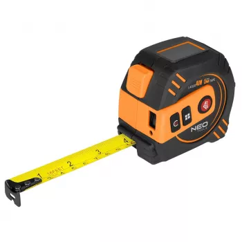 NEO TOOLS 67-100 Lāzera attāluma mērītājs ar 5 m mērlenti, 40 m diapazons, IP54, ar fona apgaismojumu LCD, 2. klases lāzers, 2 x AAA