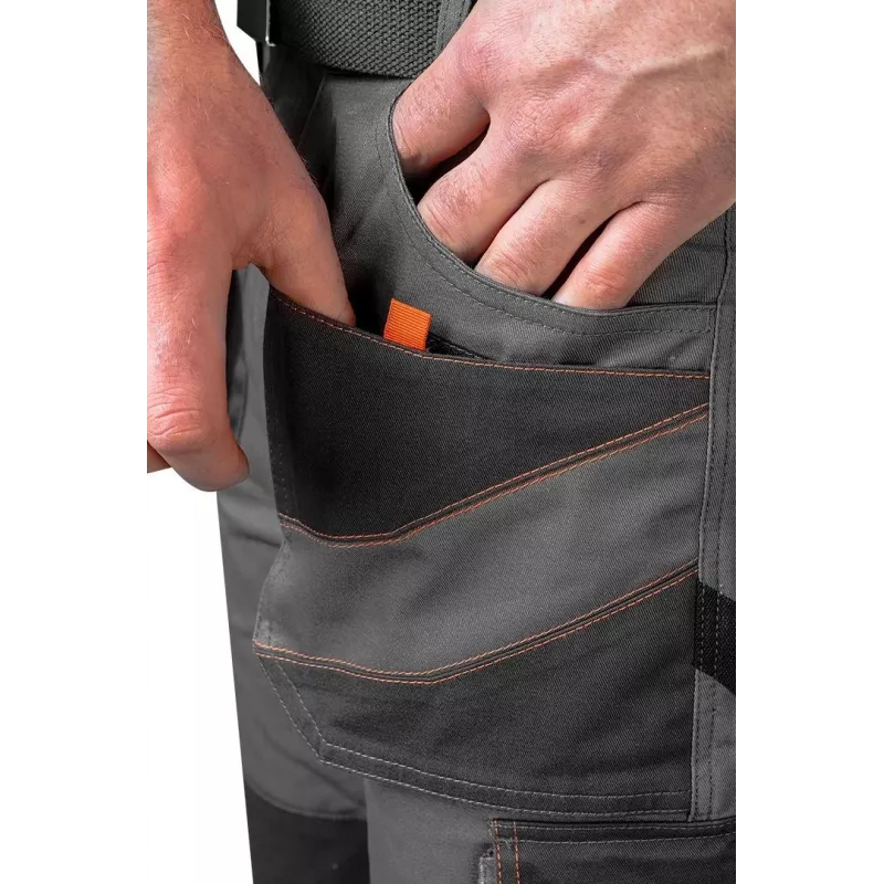 NEO TOOLS 81-325-S Aizsargbikses, izmērs S, pelēkas ar oranžiem akcentiem, 65% poliesters 35% kokvilna, 245 g/m², 9 kabatas, ceļgalu aizsargu kabatas, EN ISO 13688:2013