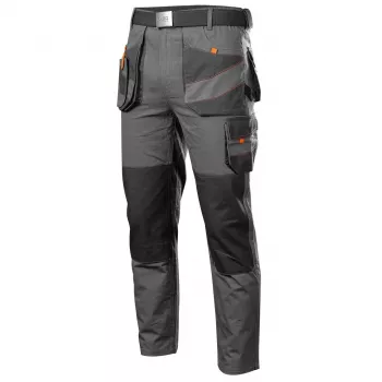 NEO TOOLS 81-325-S Aizsargbikses, izmērs S, pelēkas ar oranžiem akcentiem, 65% poliesters 35% kokvilna, 245 g/m², 9 kabatas, ceļgalu aizsargu kabatas, EN ISO 13688:2013