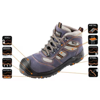 NEO TOOLS 82-046 S1P SRC drošības apavi ar tērauda purngalu un pretduršanas starpzoli, zamšādas un sieta augšdaļa, melni/pelēki, ES 39-47