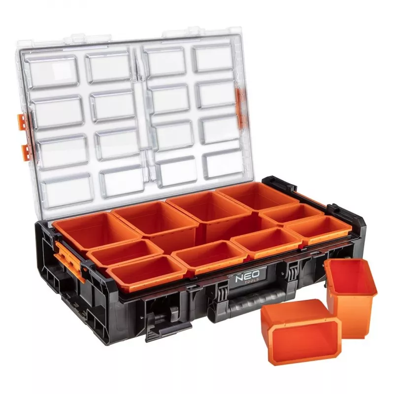 NEO Tools 84-268 Mākslas un amatniecības piederumu organizators ar 18 regulējamiem nodalījumiem, caurspīdīgu vāku un pārnēsāšanas rokturi