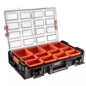 NEO Tools 84-268 Mākslas un amatniecības piederumu organizators ar 18 regulējamiem nodalījumiem, caurspīdīgu vāku un pārnēsāšanas rokturi