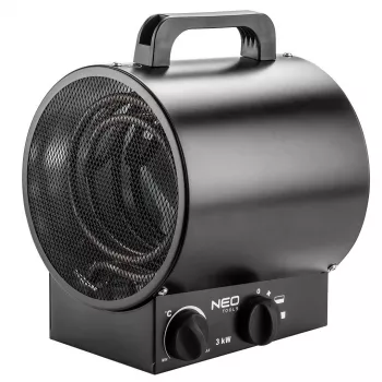 NEO Tools 90-066 2000W PTC keramiskais elektriskais ventilatora sildītājs ar regulējamu termostatu, pārkaršanas aizsardzību, apgāšanās drošības slēdzi, 2 siltuma režīmiem, tikai ventilācijas režīmu, brīvi stāvošs, melns/pelēks