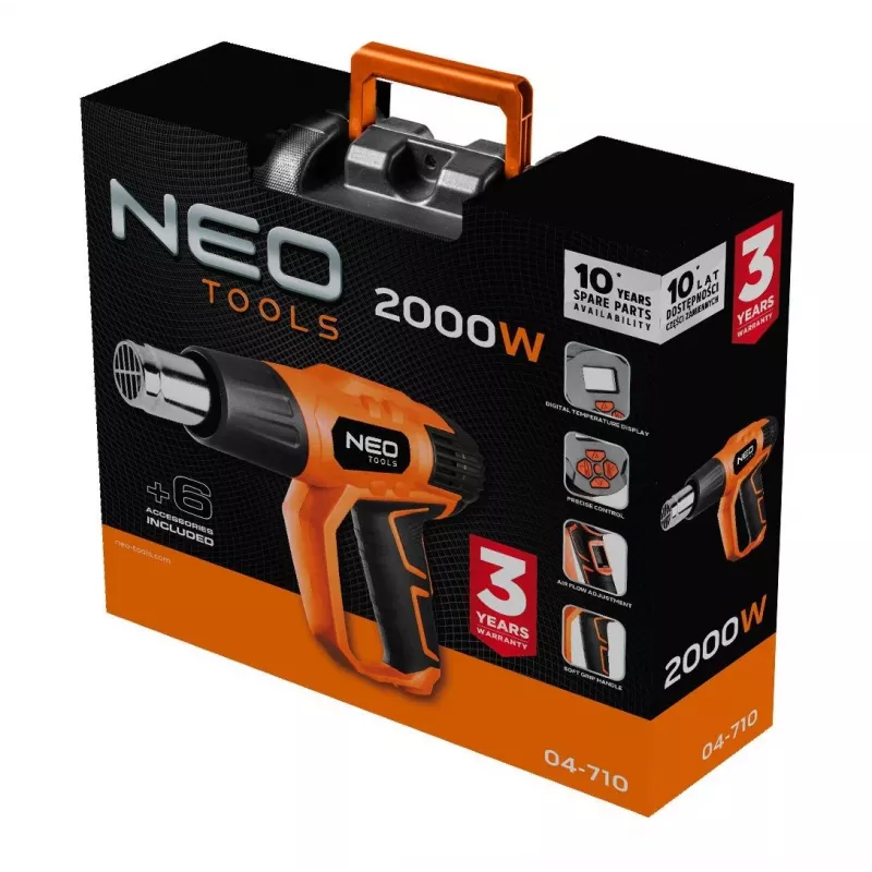 NEO TOOLS Karstā gaisa pistole 2000W ar LCD displeju, 50°C un 70-600°C, 4 sprauslas, skrāpis, transportēšanas soma