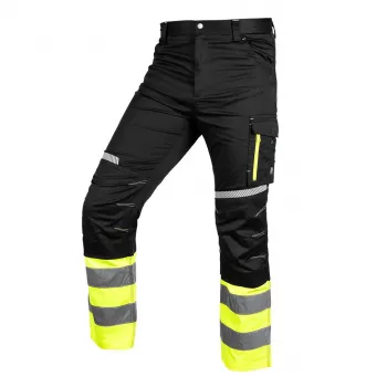 NEO TOOLS augstas redzamības darba bikses ar ceļgalu aizsargu kabatām, melnas/dzeltenas, XXL