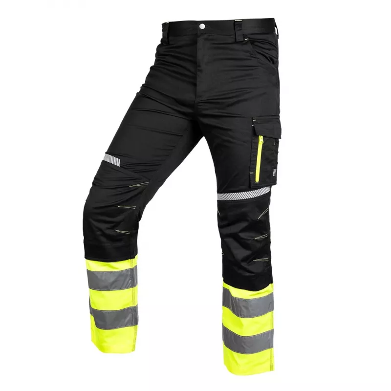 NEO TOOLS augstas redzamības darba bikses ar ceļgalu aizsargu kabatām, melnas/dzeltenas, XXL