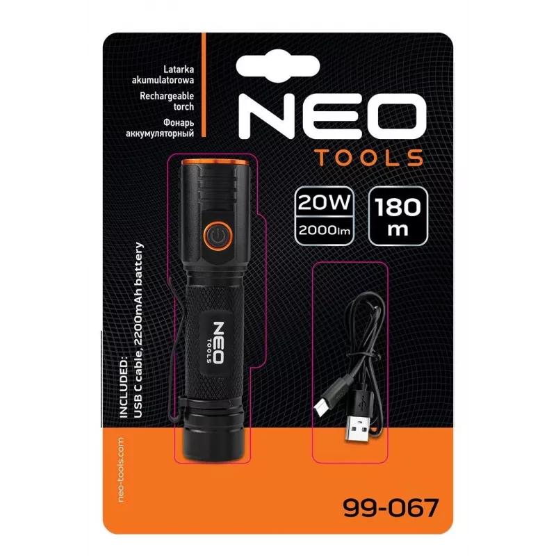 NEO TOOLS USB C 2000 lm CHN LED uzlādējams lukturītis