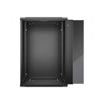 NETRACK 019-180-645-022 Sienas/piekarināmais skapis 19 inch 18U 450mm Stikla durvis Melns Noņemami sānu paneļi