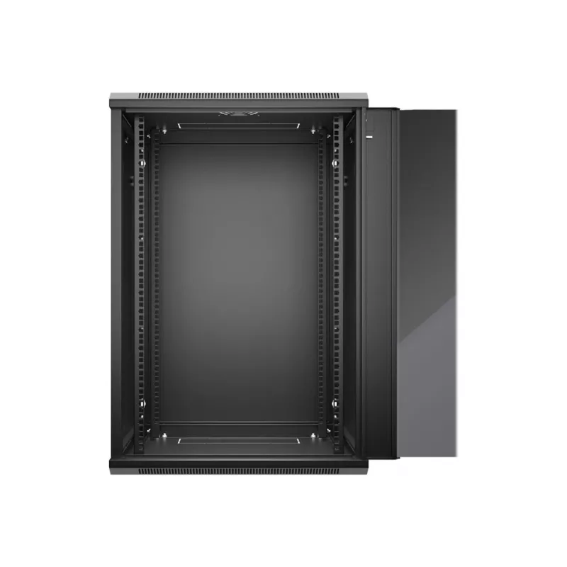 NETRACK 019-180-645-022 Sienas/piekarināmais skapis 19 inch 18U 450mm Stikla durvis Melns Noņemami sānu paneļi