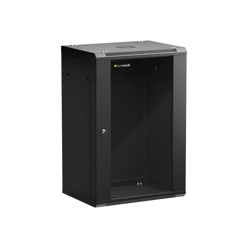 NETRACK 019-180-645-022 Sienas/piekarināmais skapis 19 inch 18U 450mm Stikla durvis Melns Noņemami sānu paneļi