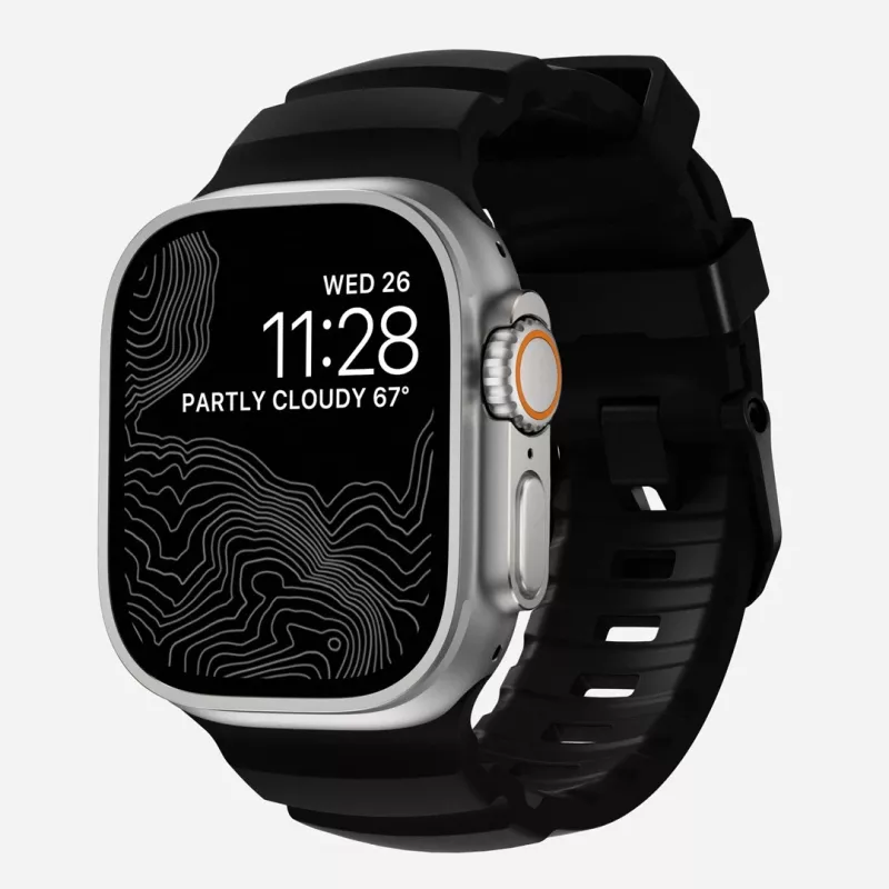 NOMAD Rocky Point Band Apple Watch 46mm/49mm ar FKM un titānu (Carbon Black, Black Hardware)
