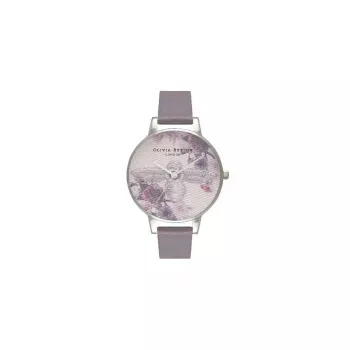 Olivia Burton Enchanted Garden sieviešu pulkstenis OB16EM05 - 38mm rozā zelta nerūsējošā tērauda korpuss, balts ziedu ciparnīca, ūdeļpelēka ādas siksniņa