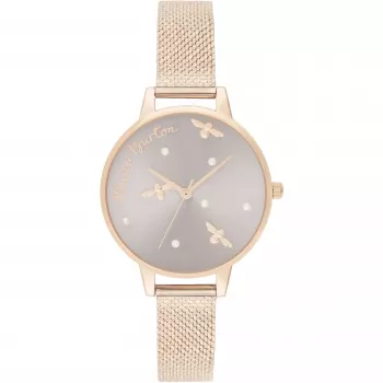 OLIVIA BURTON Sieviešu Celestial pulkstenis OB16PQ04 - 34mm rozā zelta toņa nerūsējošā tērauda korpuss, pelēka ādas siksniņa, kvarca analogs