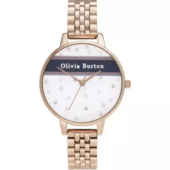 OLIVIA BURTON Sieviešu Celestial pulkstenis OB16VS06 - 34mm rozā zelta nerūsējošā tērauda korpuss, pelēka ādas siksniņa, kvarca analogs