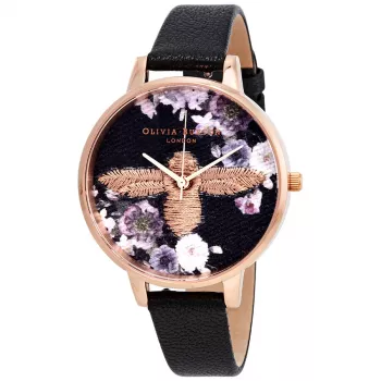 Olivia Burton Sieviešu Enchanted Garden Pulkstenis OB16EM02 - 38mm Rožu Zelta Nerūsējošā Tērauda Korpuss, Pelēka Ādas Siksniņa, Pelēks Ciparnīca ar Bišu Motīvu
