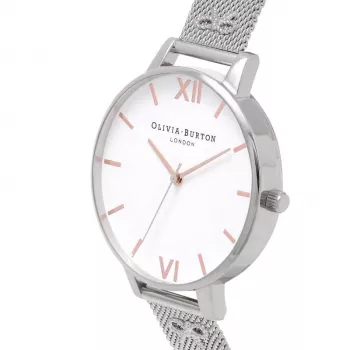 Olivia Burton Sieviešu Enchanted Garden Pulkstenis OB16ES10 - 38mm Rožu Zelta Nerūsējošā Tērauda Korpuss, Balts Ziedu Ciparnīca, Pelēka Ādas Siksniņa