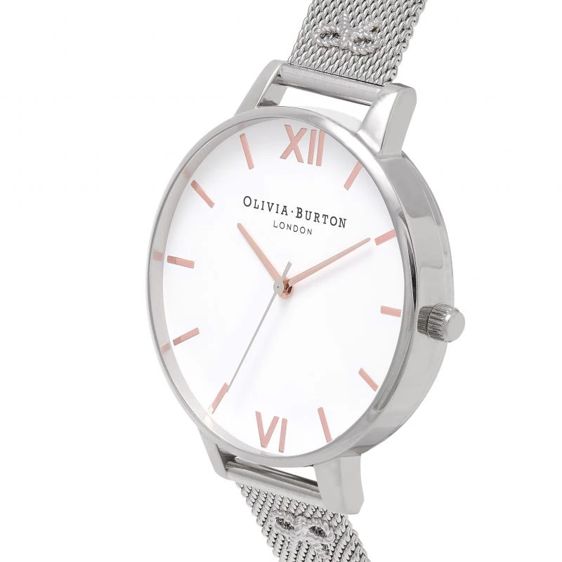Olivia Burton Sieviešu Enchanted Garden Pulkstenis OB16ES10 - 38mm Rožu Zelta Nerūsējošā Tērauda Korpuss, Balts Ziedu Ciparnīca, Pelēka Ādas Siksniņa