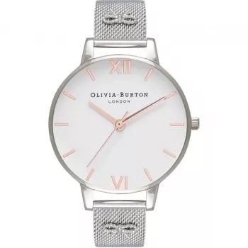 Olivia Burton Sieviešu Enchanted Garden Pulkstenis OB16ES10 - 38mm Rožu Zelta Nerūsējošā Tērauda Korpuss, Balts Ziedu Ciparnīca, Pelēka Ādas Siksniņa