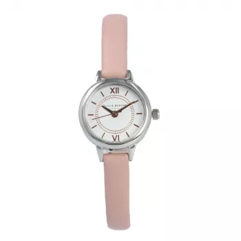 OLIVIA BURTON Sieviešu Mini Ciparnīcas Pulkstenis OB16MC59 - Rožu zelta toņa nerūsējošā tērauda korpuss, balta ciparnīca, pelēka ādas siksniņa, 23 mm