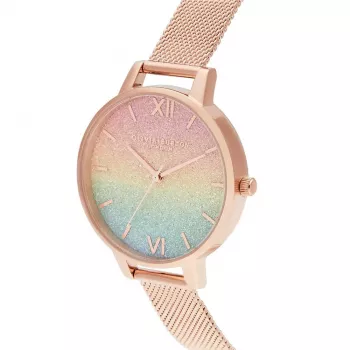 OLIVIA BURTON Sieviešu Rainbow Bee pulkstenis OB16RB18 - 34mm nerūsējošā tērauda korpuss, pelēka ādas siksniņa, balts ciparnīca ar varavīksnes bites motīvu, kvarca kustība
