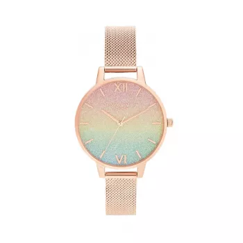 OLIVIA BURTON Sieviešu Rainbow Bee pulkstenis OB16RB18 - 34mm nerūsējošā tērauda korpuss, pelēka ādas siksniņa, balts ciparnīca ar varavīksnes bites motīvu, kvarca kustība