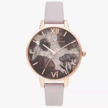 Olivia Burton Sieviešu Sparkle Bee Pulkstenis OB16SP15 - 34 mm Nerūsējošā tērauda korpuss, Pelēka ādas siksniņa, Balts/Sudraba ciparnīca