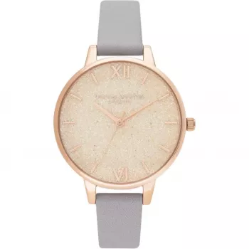 Olivia Burton Sieviešu Pulkstenis OB16GD45 34 mm Pelēks Mirdzošs Ciparnīca Roze Apzeltīts Nerūsējošais Tērauds Ādas Siksniņa