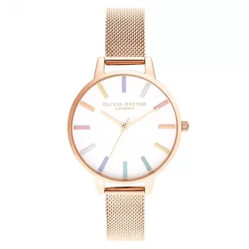 Olivia Burton Sieviešu Pulkstenis OB16RB24 34mm Sudraba Nerūsējošais Tērauds Balts Ciparnīca Varavīksnes Bite Pelēka Āda