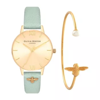 Olivia Burton Sieviešu Pulkstenis OBGSET116 34mm Rožu Zelts ar Ziedu Ciparnīcu un Pelēku Ādas Siksniņu plus Rokassprādze