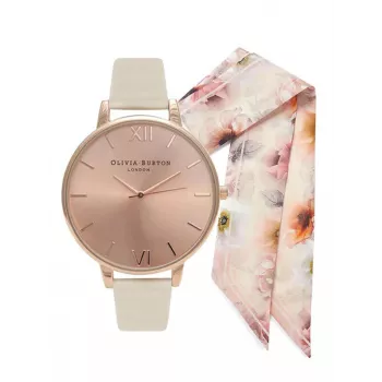 Olivia Burton Sieviešu Pulkstenis OBGSET51 30mm Roze Zelta Nerūsējošais Tērauds & Pelēka Āda