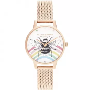 OLIVIA BURTON Sieviešu pulkstenis Wishing Star OB16WL90 30mm Roze zelta nerūsējošais tērauds Balts perlamutra ciparnīca Pelēka ādas siksniņa