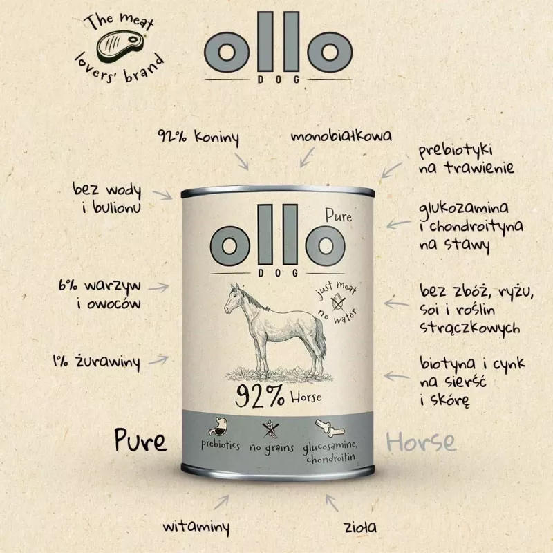 OLLO Pure Horse Mono mitrā suņu barība 850g