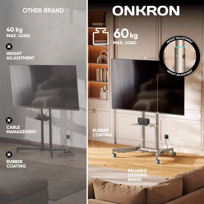 ONKRON TS1571-C mobilais TV statīvs ar AV plauktu 32-75 collu ekrāniem, šampanieša krāsā