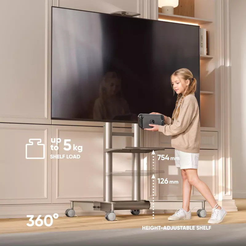 ONKRON TS1571-C mobilais TV statīvs ar AV plauktu 32-75 collu ekrāniem, šampanieša krāsā