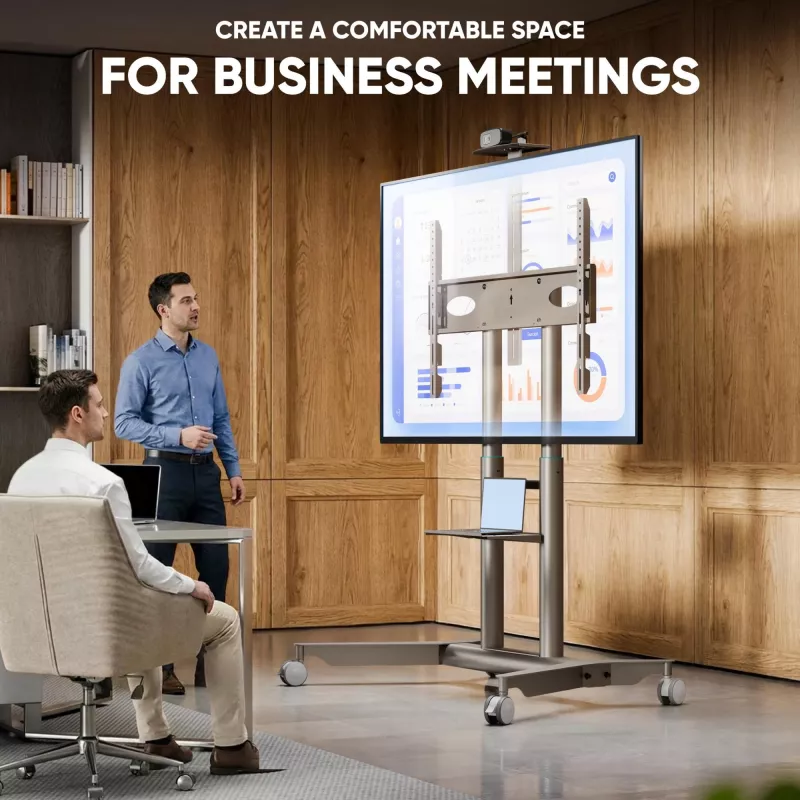 ONKRON TS1871-C mobilais TV statīvs 55–90 collu ekrāniem – šampanieša krāsā, regulējams augstums, VESA 200x200 līdz 800x500, 90,9 kg ietilpība