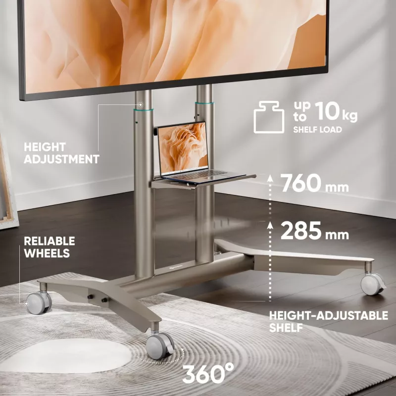 ONKRON TS1871-C mobilais TV statīvs 55–90 collu ekrāniem – šampanieša krāsā, regulējams augstums, VESA 200x200 līdz 800x500, 90,9 kg ietilpība