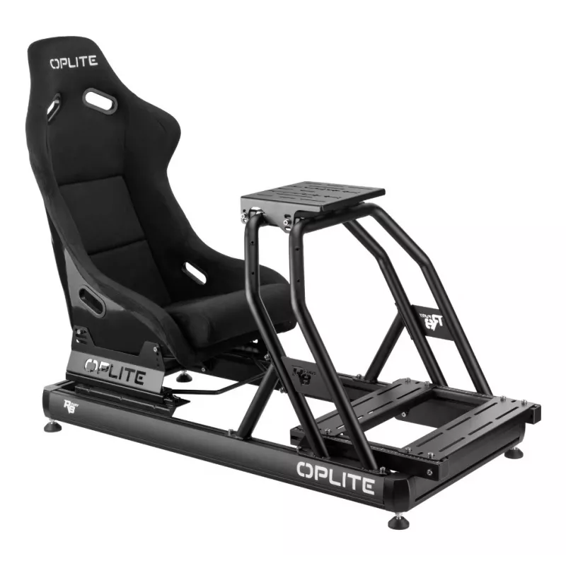 OPLITE 103862 Sim Racing Seat GT Bucket Seat ar oglekļa tērauda rāmi - melns ar sarkanām šuvēm
