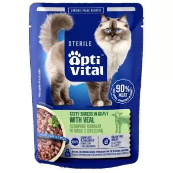 OPTIVITAL Sterile Tasty Shreds in Gravy with Veal - Slapjā barība kaķiem - 85g