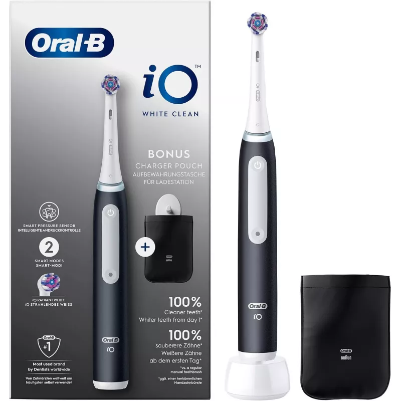 Oral-B iO White Clean elektriskā zobu birste, melna/balta ar ceļojumu futrāli