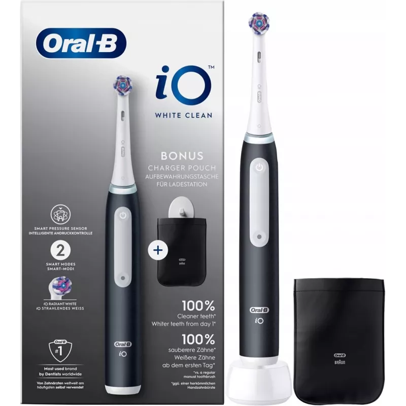 Oral-B iO White Clean elektriskā zobu birste, melna/balta ar ceļojumu futrāli