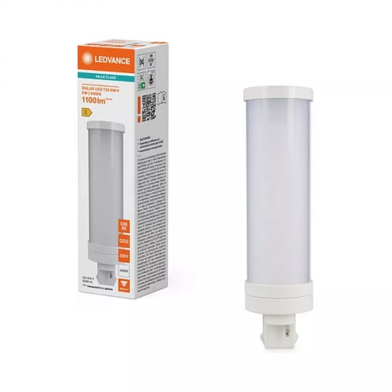OSRAM DULUX T26 EM V 9W/840 LED nomaiņas lampa, GX24d-3, 1100 lm, 4000 K vēsi balta, 9 W (aizstāj 26 W CFL)