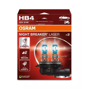 OSRAM Night Breaker Laser HB4 (2 gab. komplekts) - 12V 51W P22d halogēna lukturu spuldzes, līdz 150% lielāks spilgtums, 150m stars, 20% baltāka gaisma, balta
